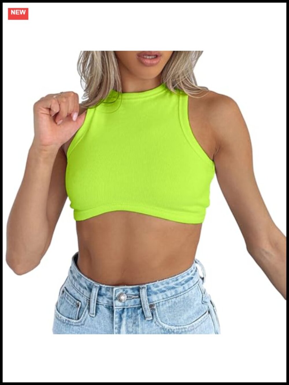 Ribbed Knit Sleeveless Crop Top Crew Neck Racerback Fitted Tank